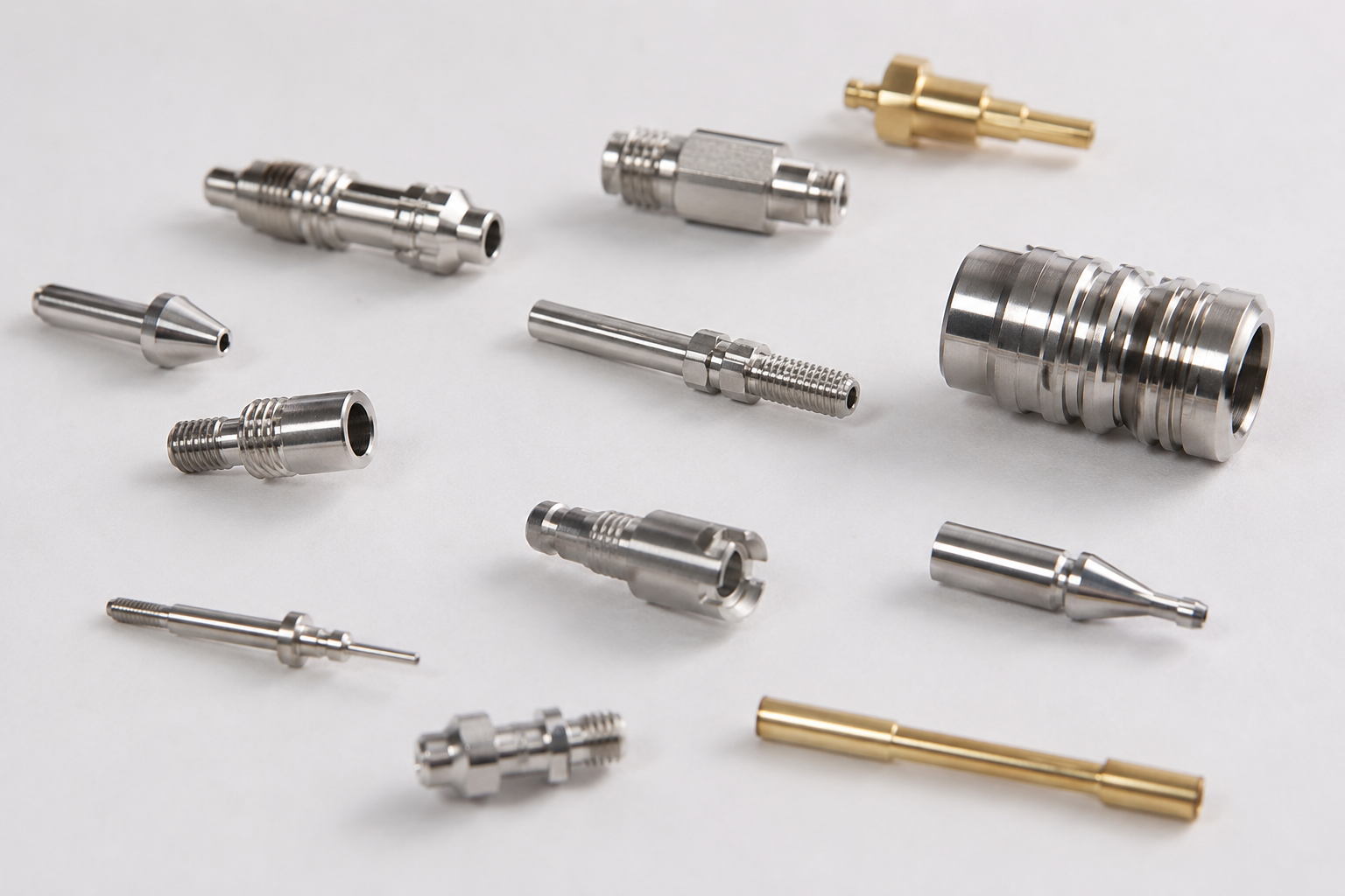 Small brass precision turned component beside 5p coin